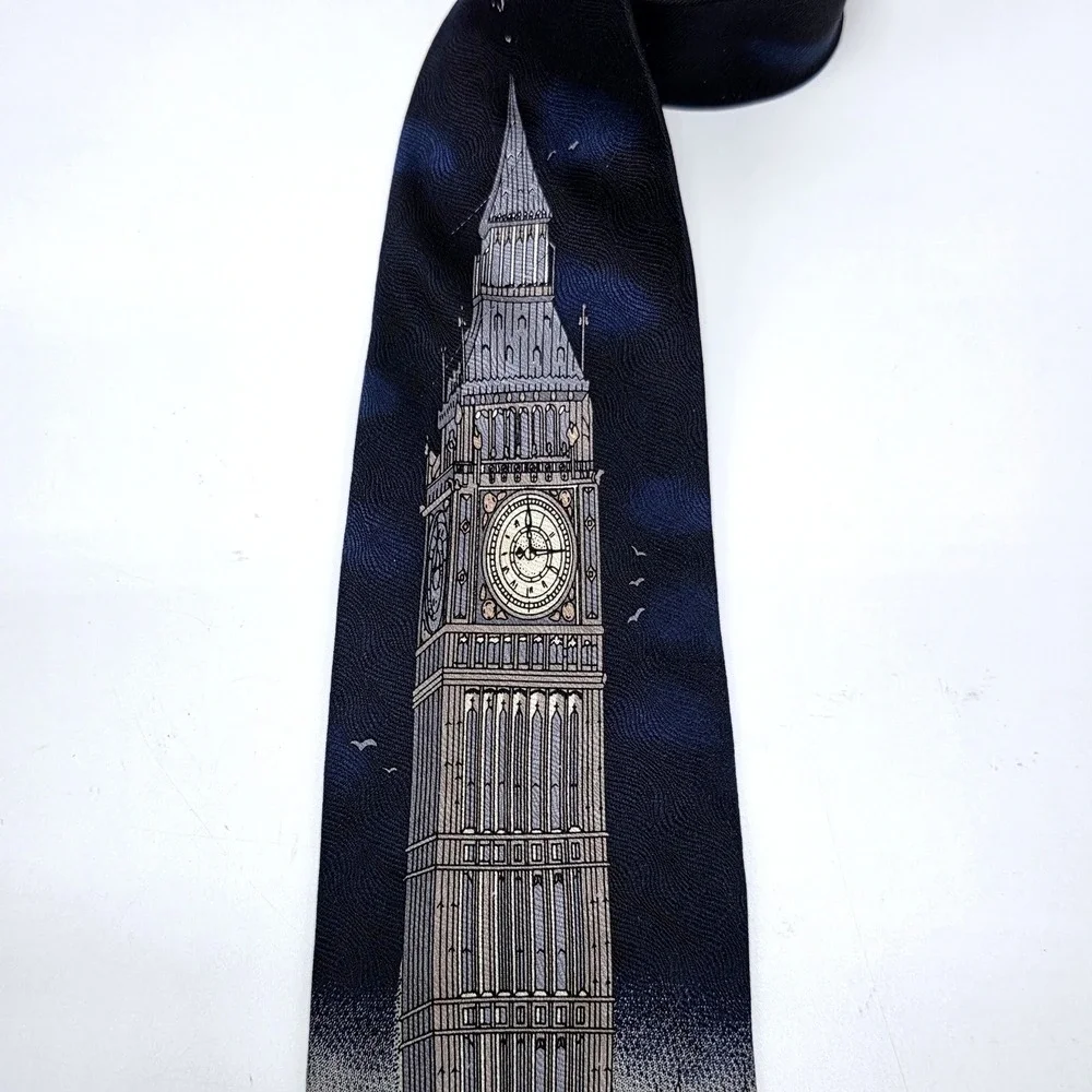 Elegance London Mens Silk Tie Big Ben Red Bus Italian Design Navy Blue 4‎ Inch